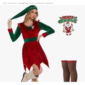 Elves Costume Women 4 Piece Christmas Outfit Cosplay XS with Brooch Socks NWT